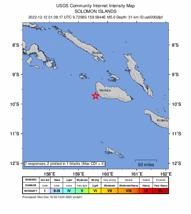 USGS DYFI community-reported intensity map for the M5.0 earthquake near 14 km WSW of Malango, Solomon Islands