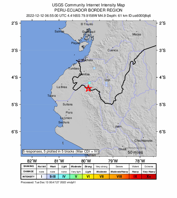 USGS DYFI community-reported intensity map for the M4.9 earthquake near 7 km SSE of Macará, Ecuador