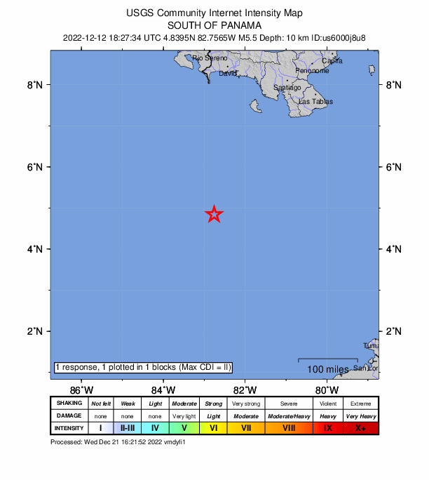 USGS DYFI community-reported intensity map for the M5.5 earthquake near south of Panama