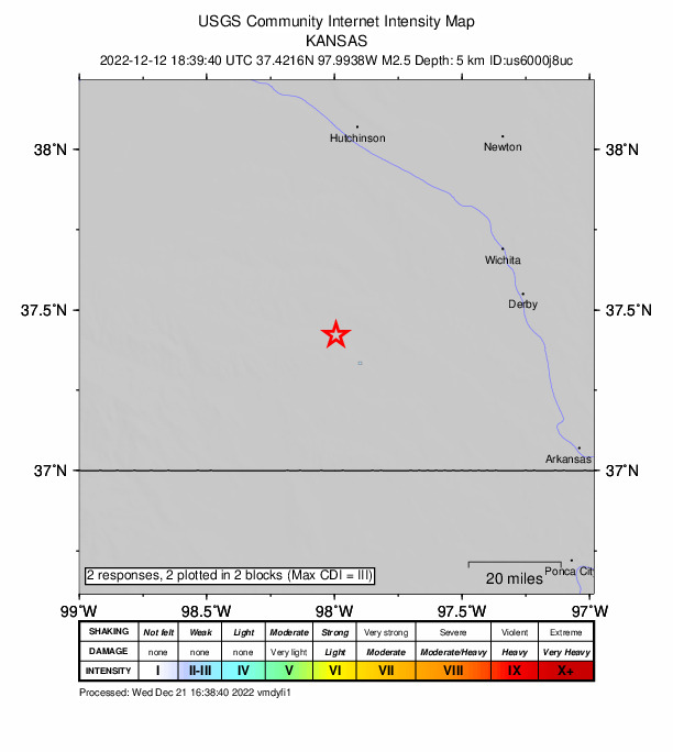 USGS DYFI community-reported intensity map for the M2.3 earthquake near 6 km SW of Danville, Kansas