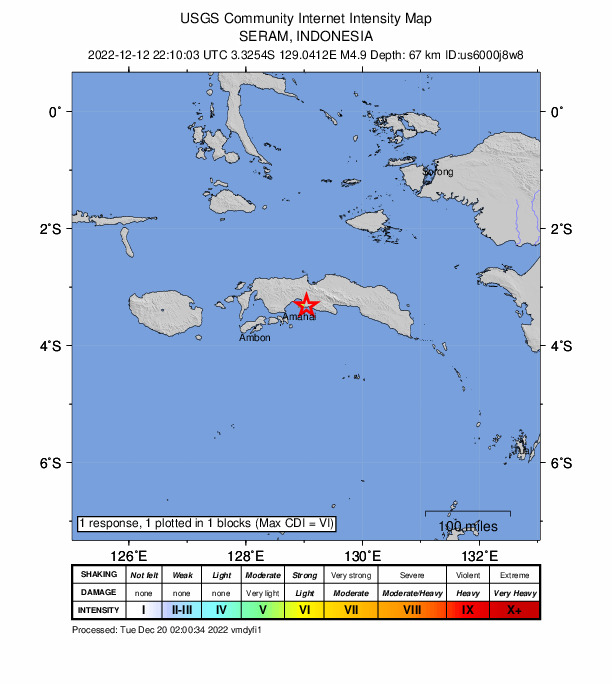 USGS DYFI community-reported intensity map for the M4.9 earthquake near 13 km E of Amahai, Indonesia