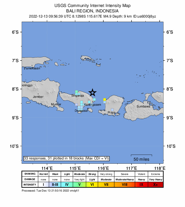 USGS DYFI community-reported intensity map for the M4.9 earthquake near Bali region, Indonesia