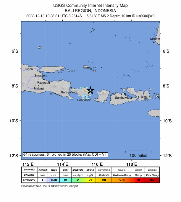 USGS DYFI community-reported intensity map for the M5.2 earthquake near 21 km N of Amlapura city, Indonesia