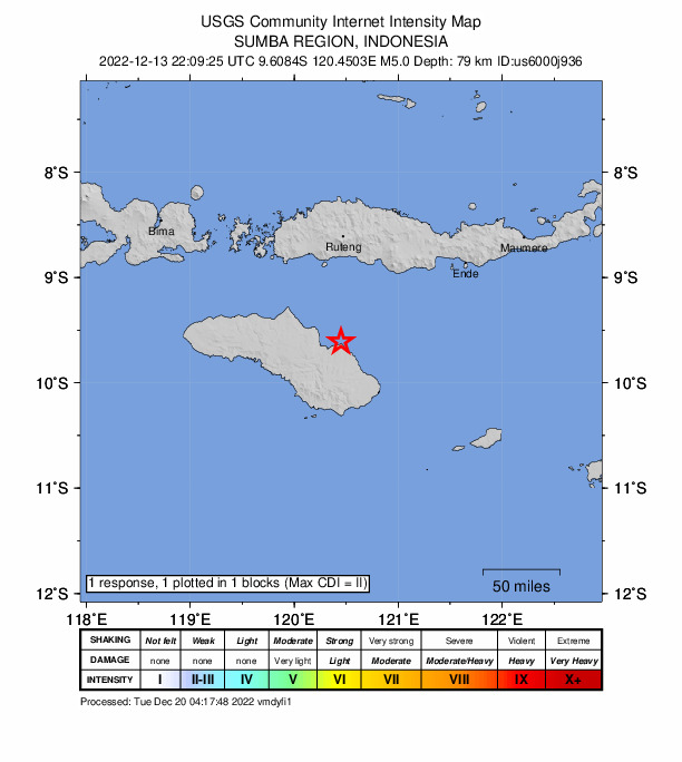 USGS DYFI community-reported intensity map for the M4.9 earthquake near 26 km ENE of Waingapu, Indonesia