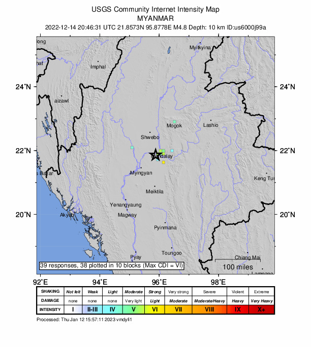USGS DYFI community-reported intensity map for the M4.8 earthquake near 10 km WSW of Sagaing, Myanmar