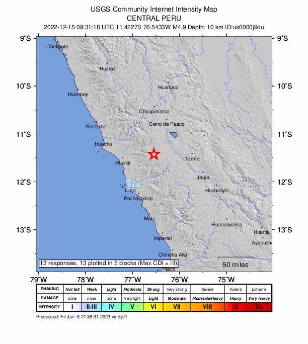 USGS DYFI community-reported intensity map for the M4.9 earthquake near 3 km ESE of Huaros, Peru