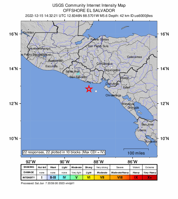 USGS DYFI community-reported intensity map for the M5.6 earthquake near 40 km S of Puerto El Triunfo, El Salvador