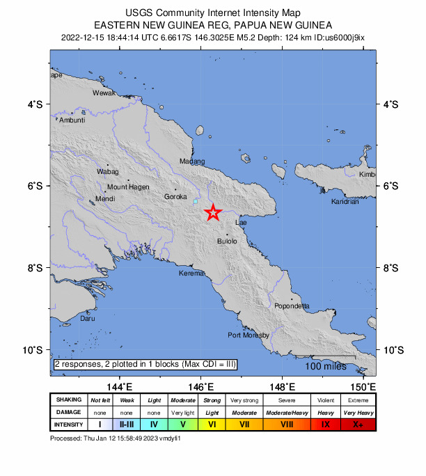 USGS DYFI community-reported intensity map for the M4.8 earthquake near 64 km SE of Kainantu, Papua New Guinea