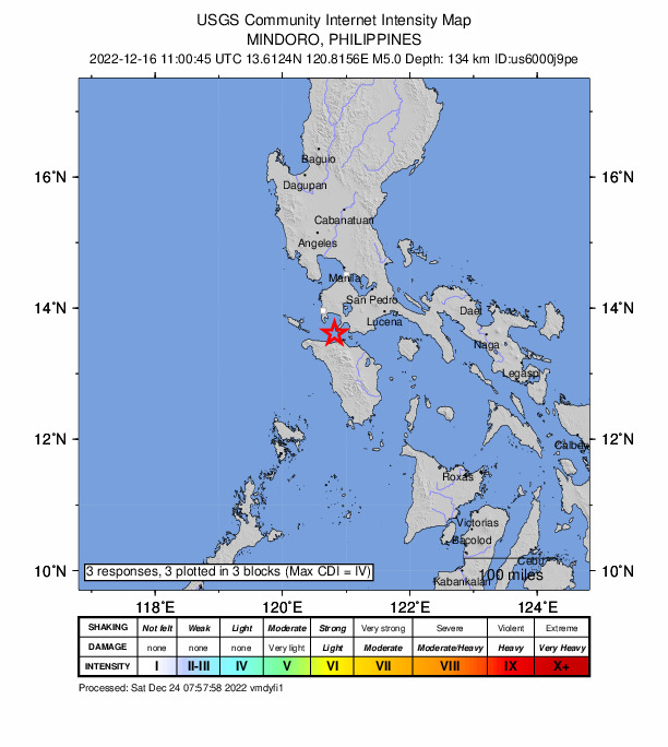 USGS DYFI community-reported intensity map for the M5.0 earthquake near 7 km SW of Tingloy, Philippines