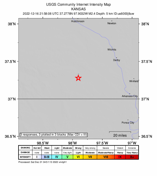 USGS DYFI community-reported intensity map for the M2.4 earthquake near Kansas
