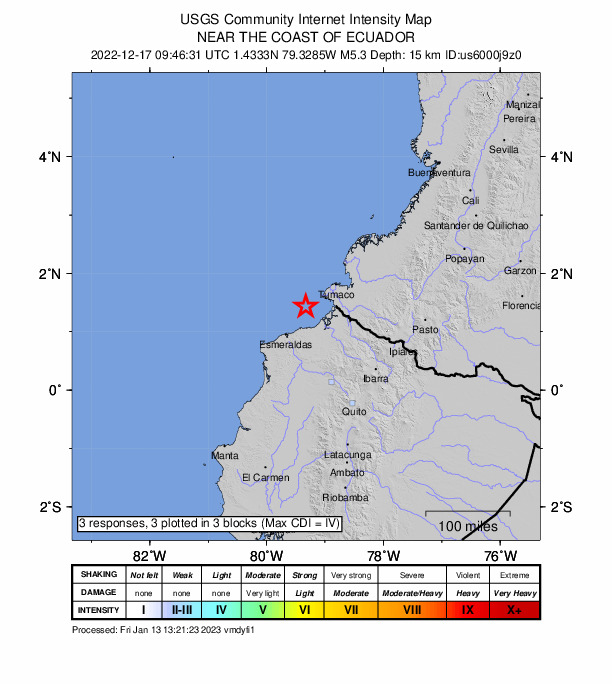 USGS DYFI community-reported intensity map for the M5.3 earthquake near 43 km NW of Valdez, Ecuador
