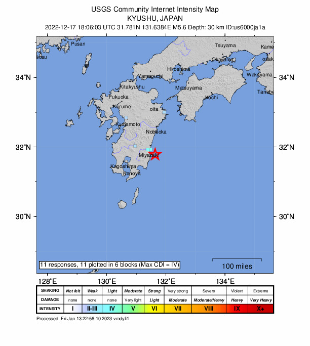 USGS DYFI community-reported intensity map for the M5.6 earthquake near 25 km ESE of Miyazaki, Japan