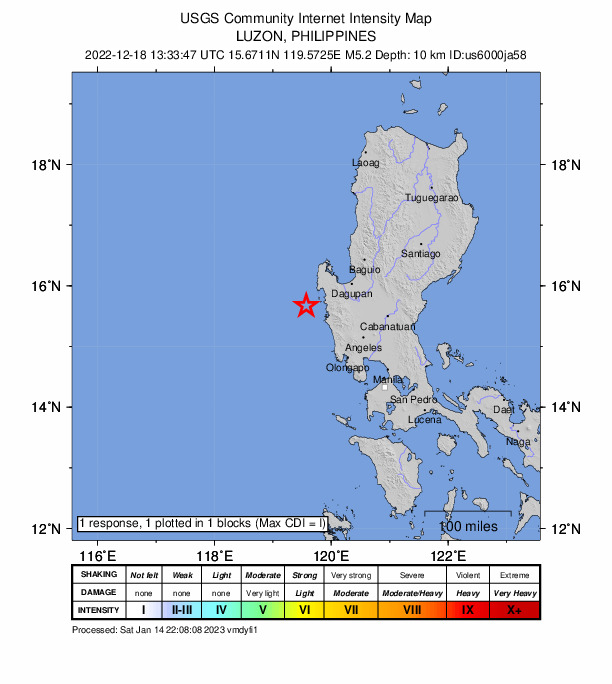 USGS DYFI community-reported intensity map for the M5.2 earthquake near 33 km WSW of Bolitoc, Philippines