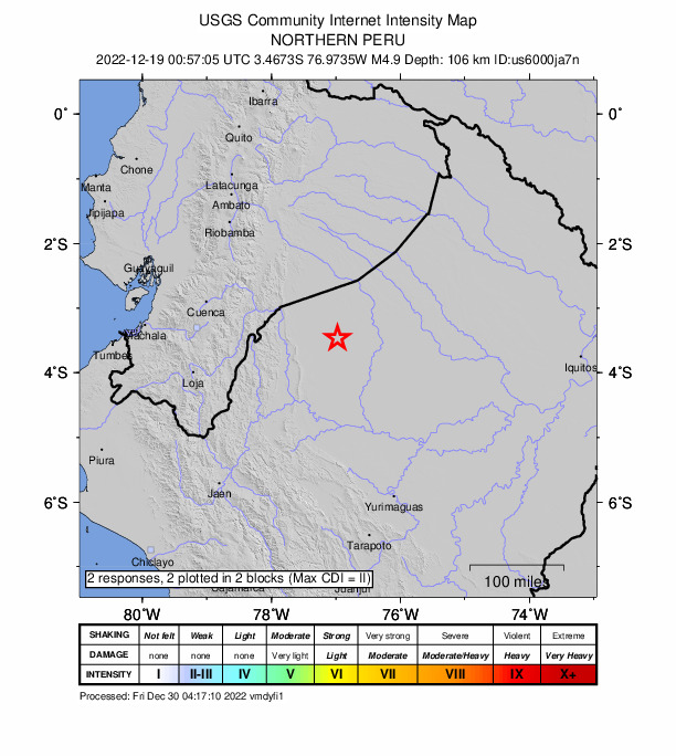 USGS DYFI community-reported intensity map for the M4.9 earthquake near 59 km W of Alianza Cristiana, Peru
