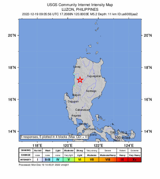 USGS DYFI community-reported intensity map for the M5.0 earthquake near 18 km S of San Ramon, Philippines