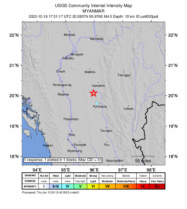USGS DYFI community-reported intensity map for the M4.5 earthquake near 39 km NNW of Nay Pyi Taw, Myanmar