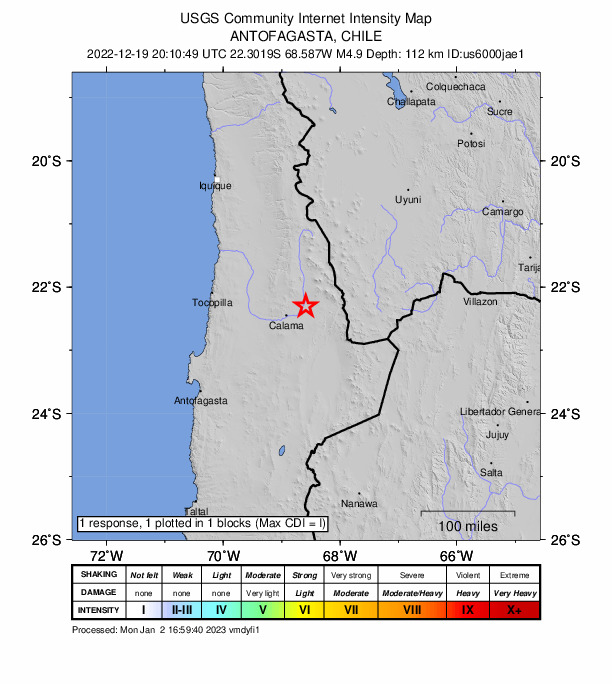USGS DYFI community-reported intensity map for the M4.9 earthquake near 38 km ENE of Calama, Chile