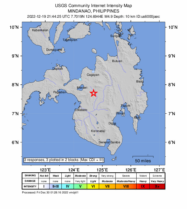 USGS DYFI community-reported intensity map for the M4.9 earthquake near 3 km NE of Wao, Philippines