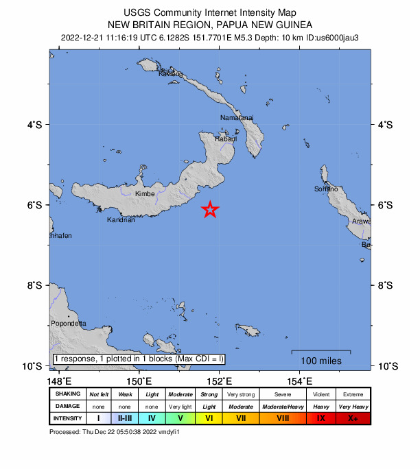 USGS DYFI community-reported intensity map for the M5.3 earthquake near 196 km ESE of Kimbe, Papua New Guinea