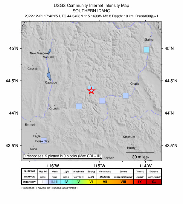USGS DYFI community-reported intensity map for the M3.8 earthquake near 22 km NW of Stanley, Idaho