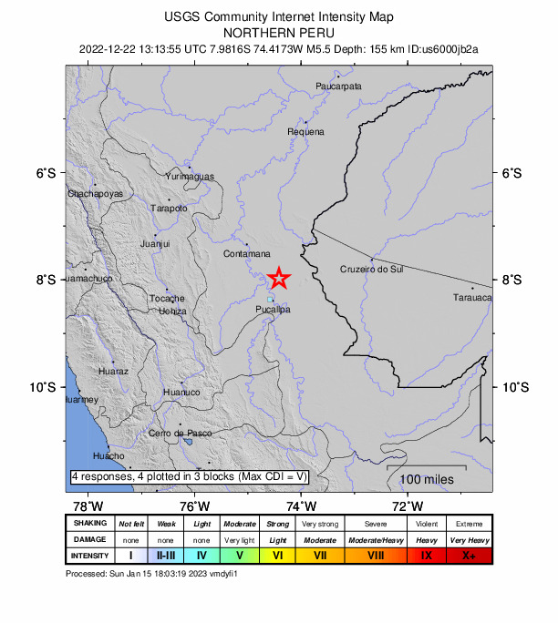 USGS DYFI community-reported intensity map for the M5.5 earthquake near 46 km NNE of Pucallpa, Peru