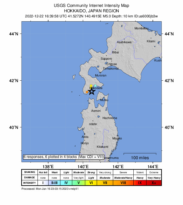 USGS DYFI community-reported intensity map for the M5.0 earthquake near 34 km SW of Hakodate, Japan