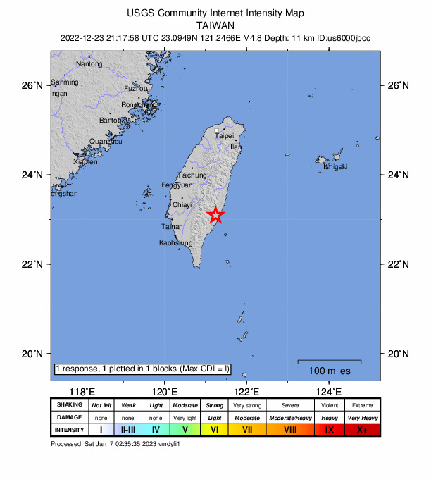 USGS DYFI community-reported intensity map for the M4.8 earthquake near 79 km E of Yujing, Taiwan