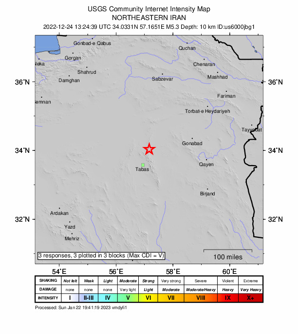 USGS DYFI community-reported intensity map for the M5.3 earthquake near 53 km NNE of Tabas, Iran
