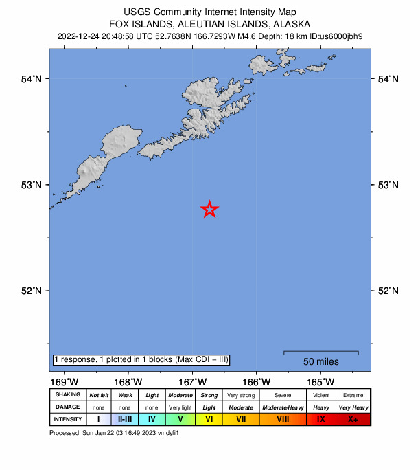 USGS DYFI community-reported intensity map for the M4.6 earthquake near 124 km S of Unalaska, Alaska