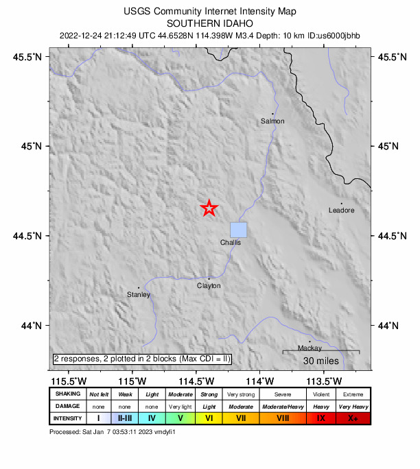 USGS DYFI community-reported intensity map for the M3.4 earthquake near 21 km NW of Challis, Idaho