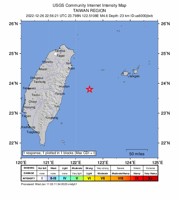 USGS DYFI community-reported intensity map for the M4.6 earthquake near Taiwan region