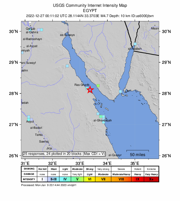 USGS DYFI community-reported intensity map for the M4.7 earthquake near 28 km WSW of El-Tor, Egypt