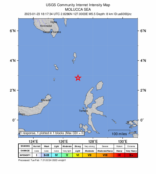 USGS DYFI community-reported intensity map for the M5.5 earthquake near 164 km NW of Tobelo, Indonesia