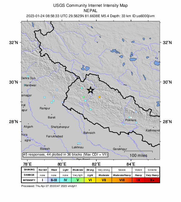 USGS DYFI community-reported intensity map for the M5.4 earthquake near 60 km NW of Jumla, Nepal