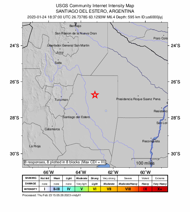 USGS DYFI community-reported intensity map for the M6.4 earthquake near Santiago del Estero, Argentina