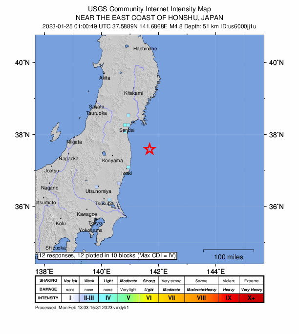 USGS DYFI community-reported intensity map for the M4.9 earthquake near 61 km E of Namie, Japan