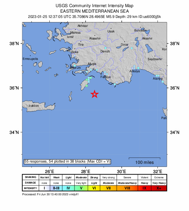 USGS DYFI community-reported intensity map for the M5.9 earthquake near 60 km SE of Lárdos, Greece
