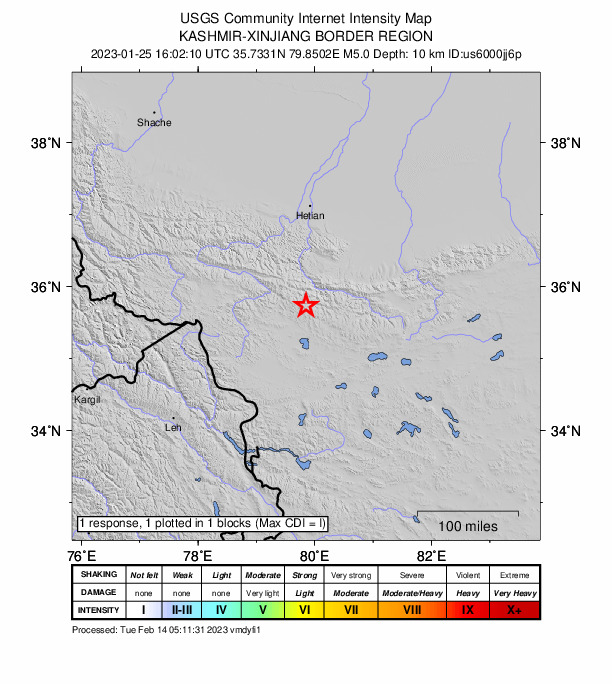 USGS DYFI community-reported intensity map for the M5.0 earthquake near 152 km S of Hotan, China