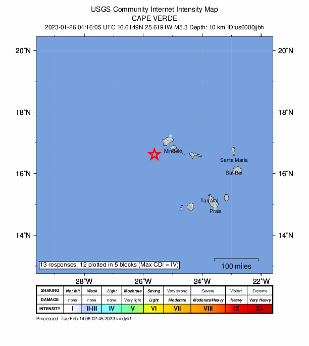 USGS DYFI community-reported intensity map for the M5.3 earthquake near Cape Verde