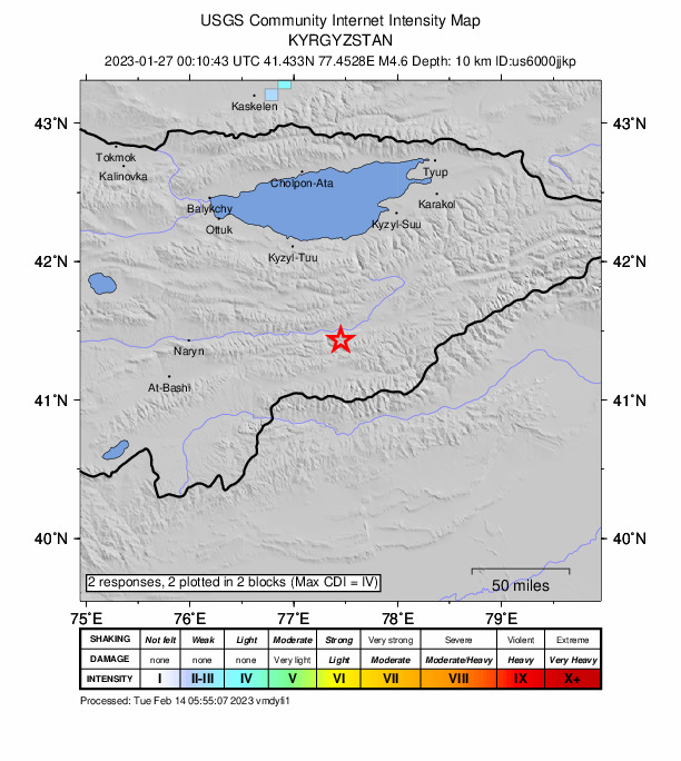 USGS DYFI community-reported intensity map for the M4.6 earthquake near 81 km SSE of Kadzhi-Say, Kyrgyzstan