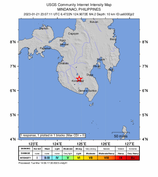 USGS DYFI community-reported intensity map for the M4.2 earthquake near Mindanao, Philippines