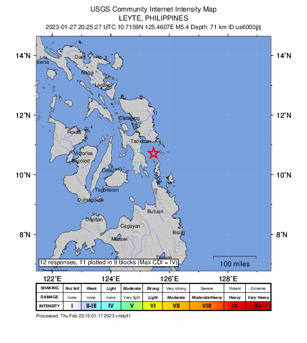 USGS DYFI community-reported intensity map for the M5.4 earthquake near Leyte, Philippines