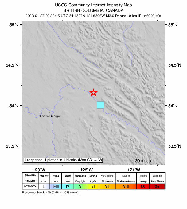 USGS DYFI community-reported intensity map for the M3.9 earthquake near 64 km ENE of Prince George, Canada