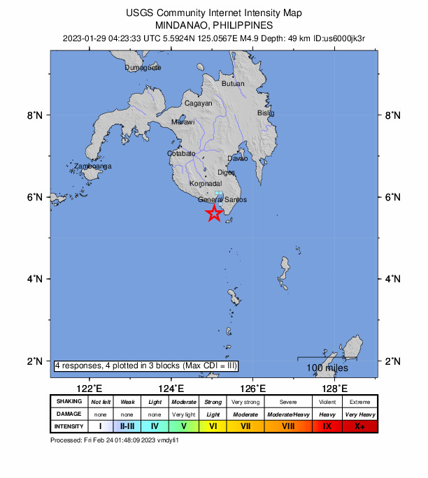 USGS DYFI community-reported intensity map for the M4.9 earthquake near Mindanao, Philippines