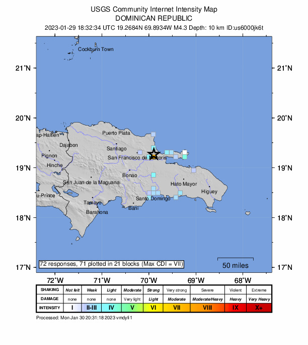 USGS DYFI community-reported intensity map for the M4.4 earthquake near 5 km N of Villa Riva, Dominican Republic