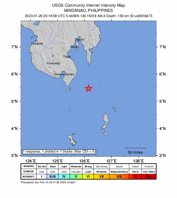 USGS DYFI community-reported intensity map for the M4.6 earthquake near 75 km SE of Caburan, Philippines