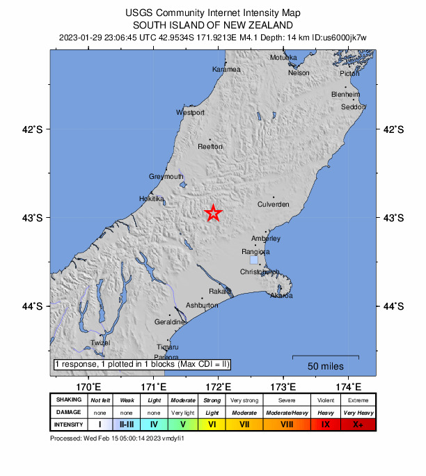 USGS DYFI community-reported intensity map for the M4.1 earthquake near 44 km NNW of Oxford, New Zealand