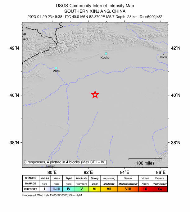 USGS DYFI community-reported intensity map for the M5.7 earthquake near southern Xinjiang, China
