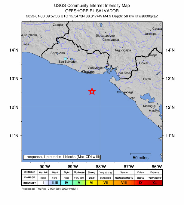 USGS DYFI community-reported intensity map for the M4.9 earthquake near 70 km SSW of Chirilagua, El Salvador