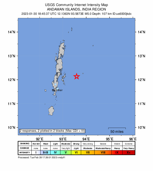 USGS DYFI community-reported intensity map for the M5.0 earthquake near 105 km ENE of Port Blair, India